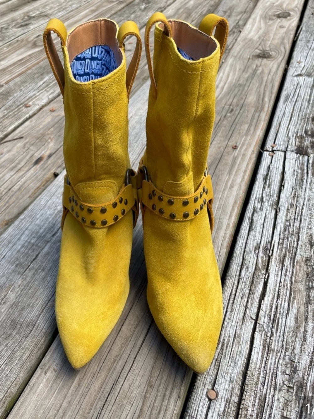 dingo Yellow Suede Pointed-Toe Harness Ankle Boots